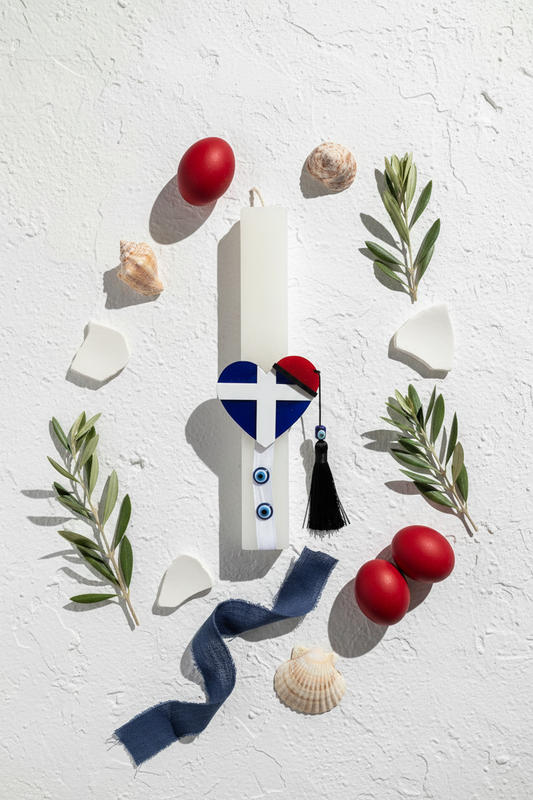 Χειροποίητη πασχαλινή λαμπάδα 30 εκ με μαγνητάκι καρδιά ελληνική σημαία από πλεξιγκλάς καθρέφτη, εταιρικό δώρο – So Cute by Dimi