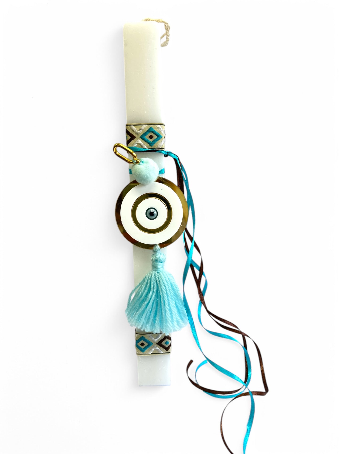 Handmade modern Easter candle with plexiglass evil-eye charm, ethnic ribbons, pom pom and tassel – 30 cm