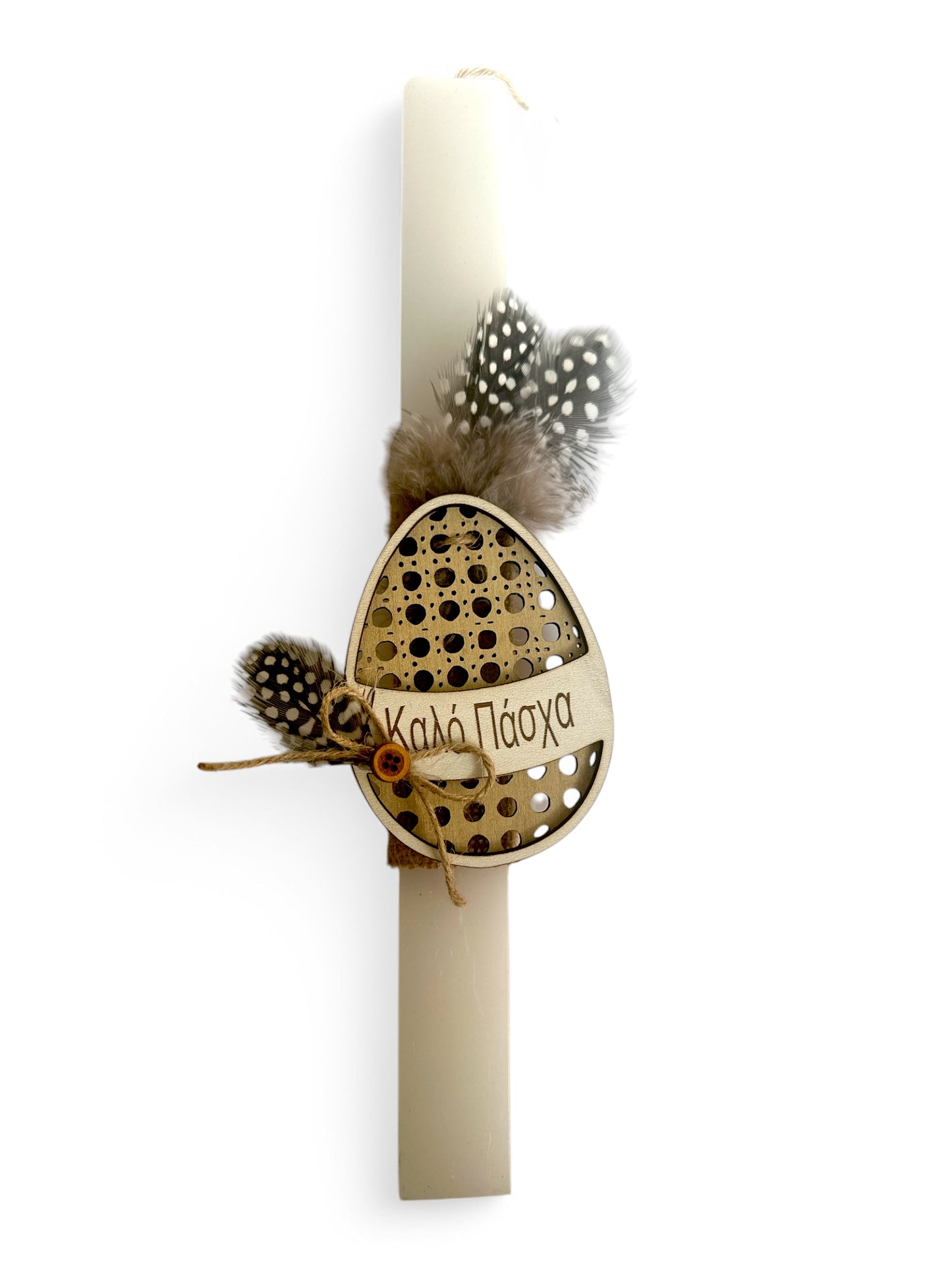 Wholesale handmade Easter candle with wooden egg, natural feathers and rustic country chic aesthetic