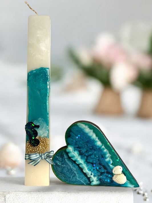 Καρδιά Ξύλινο Διακοσμητικό με Νεροχρώματα και Κοχύλια