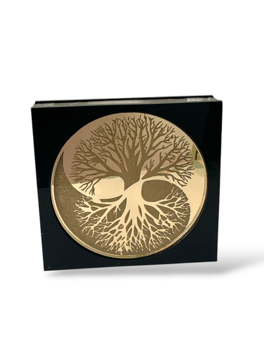 Yin Yang Tree γούρι χονδρική, επιτραπέζιο χειροποίητο ξύλο & χρυσό plexiglass με Δέντρο Ζωής & Yin Yang – So Cute by Dimi