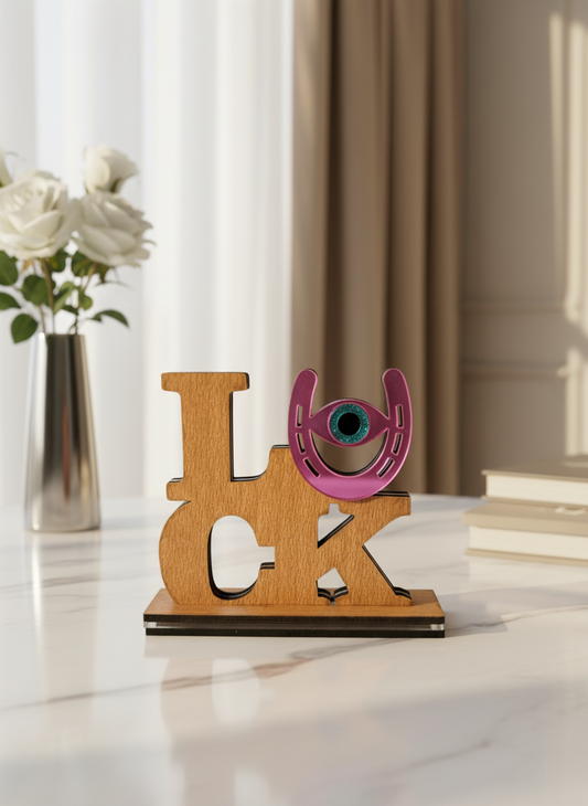 Χονδρικό επιτραπέζιο γούρι LUCK από ξύλο και mirror plexi, χειροποίητο, 13×15 cm.