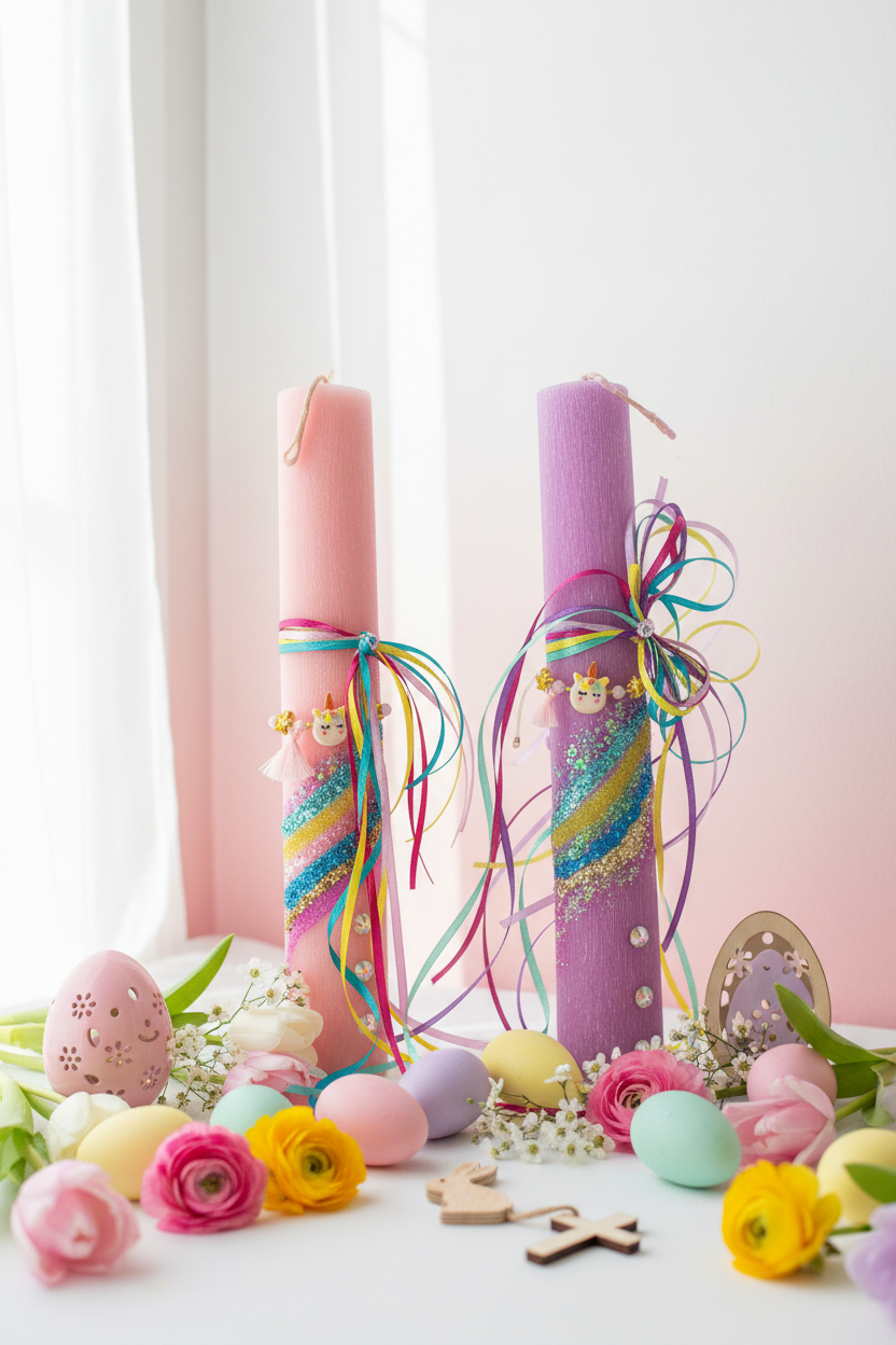 🤍✨ Πασχαλινή Λαμπάδα Unicorn με Βραχιολάκι και προαιρετικό συνοδευτικά (κάδρο και φωτιστικό Led)