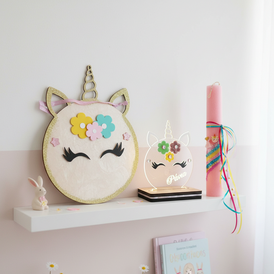 🤍✨ Πασχαλινή Λαμπάδα Unicorn με Βραχιολάκι και προαιρετικό συνοδευτικά (κάδρο και φωτιστικό Led)