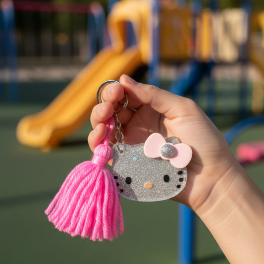 Plexiglass μπρελόκ γατούλα με γκλίτερ & φούντα – So Cute by Dimi Wholesale