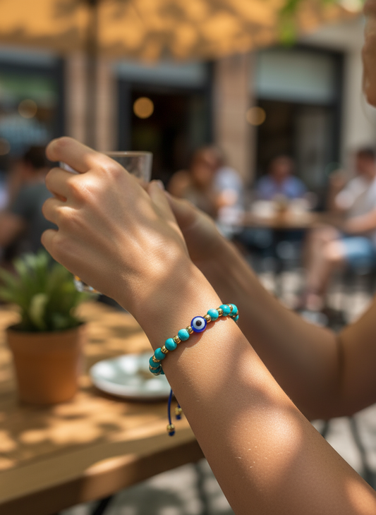 Χειροποίητο βραχιόλι με αιματίτη, χαολίτη και ματάκι – Mykonos Eye Bracelet – So Cute by Dimi