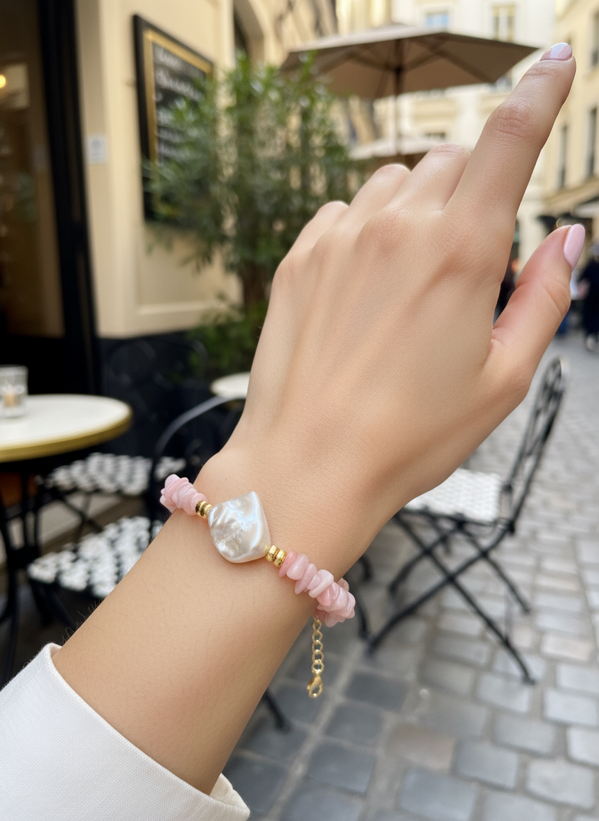 Χειροποίητο βραχιόλι με φυσικές πολύχρωμες πέτρες και λευκή πέρλα – So Cute by Dimi