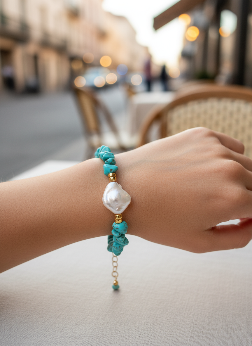 Χειροποίητο βραχιόλι με φυσικές πολύχρωμες πέτρες και λευκή πέρλα – So Cute by Dimi