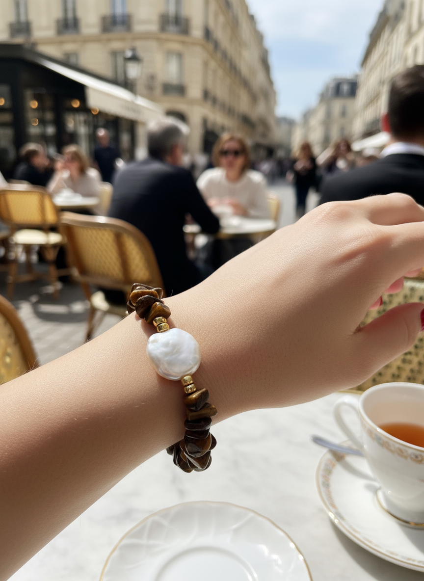 Χειροποίητο βραχιόλι με φυσικές πολύχρωμες πέτρες και λευκή πέρλα – So Cute by Dimi