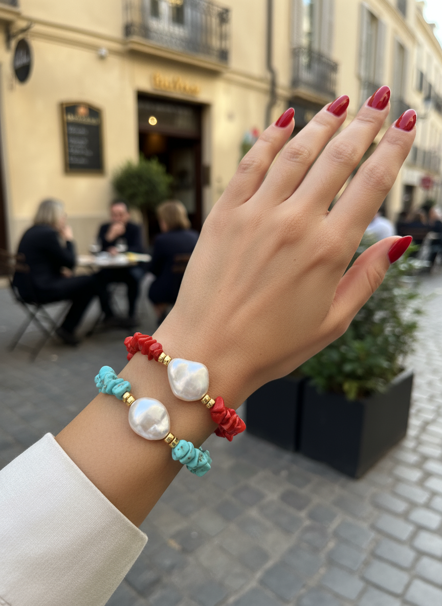 Χειροποίητο βραχιόλι με φυσικές πολύχρωμες πέτρες και λευκή πέρλα – So Cute by Dimi