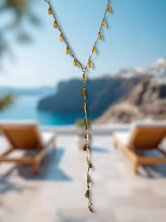 🔸 Κολιέ “Fleur d’Or” – Y-Drop Ατσάλινο με Κρεμαστά Φλουράκια