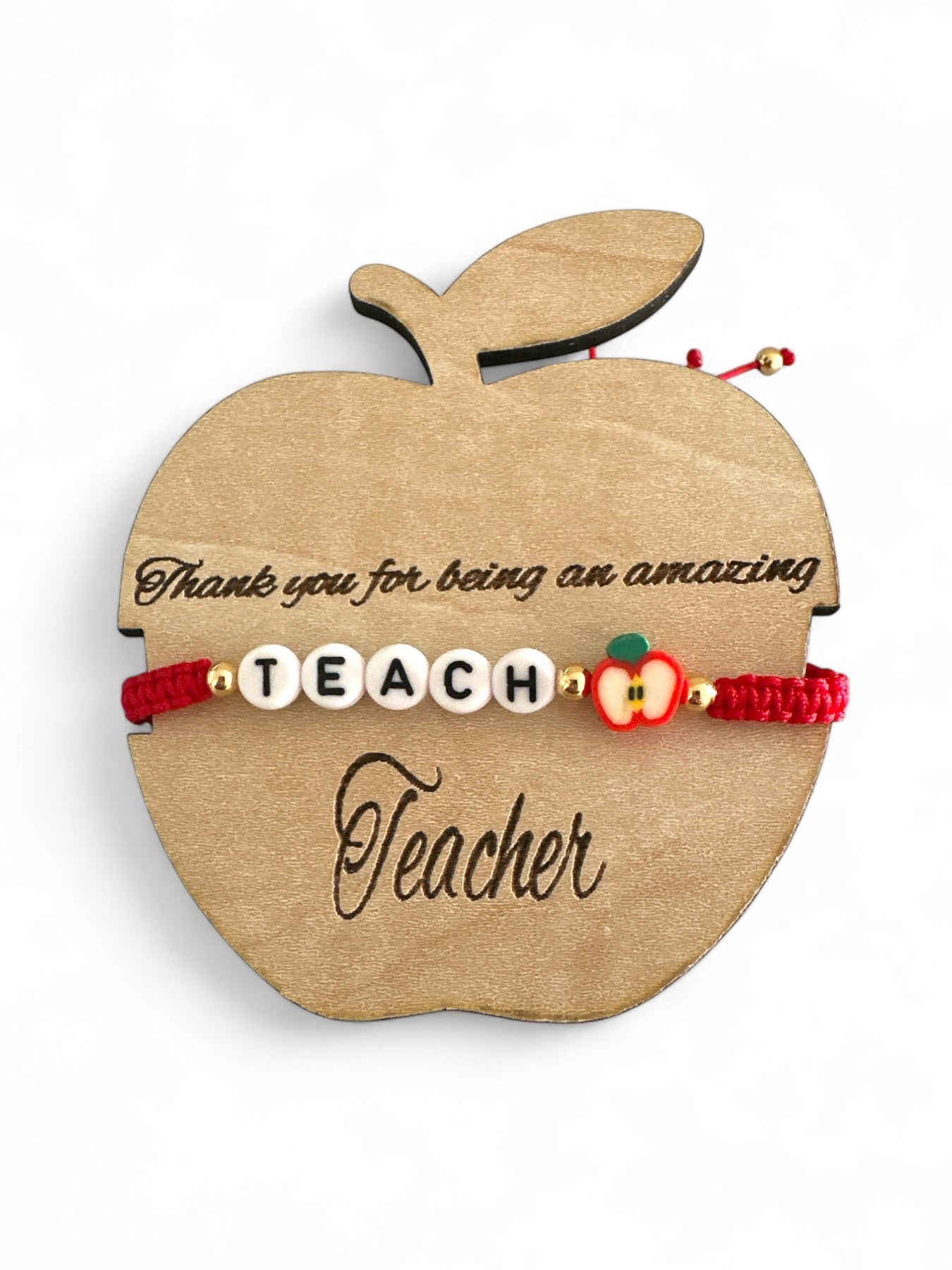 Χειροποίητο βραχιόλι δασκάλας με χάντρες TEACH & ξύλινη κάρτα μήλο – So Cute by Dimi