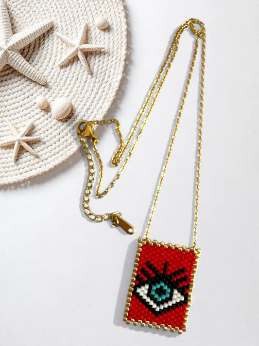 ⚡🚚 Beaded Bold-Eye Rectangle Necklace – Scarlet / Aqua
