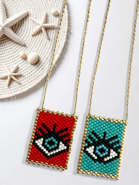 ⚡🚚 Beaded Bold-Eye Rectangle Necklace – Scarlet / Aqua