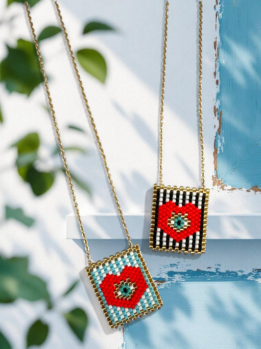 ⚡🚚 Beaded Pop-Eye Square Necklace – Turquoise / Monochrome
