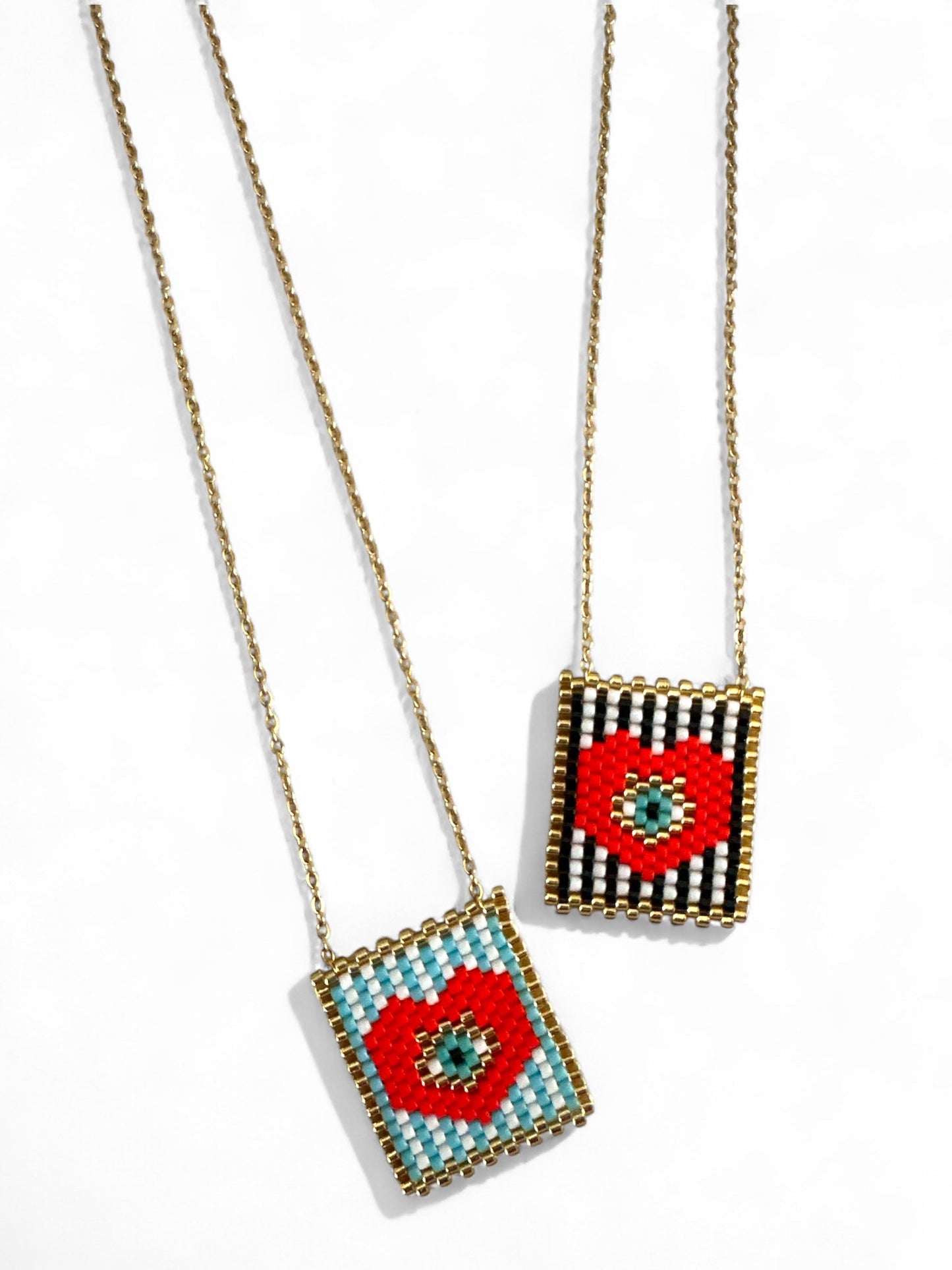 ⚡🚚 Beaded Pop-Eye Square Necklace – Turquoise / Monochrome