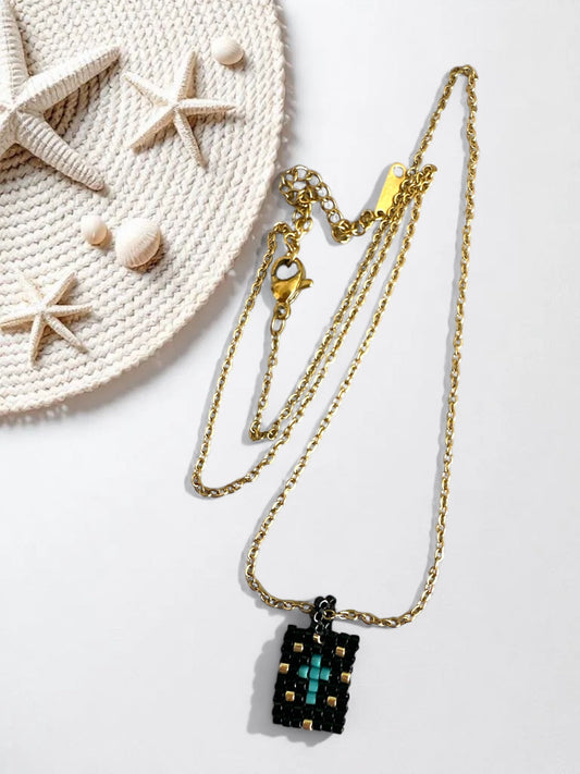 ⚡🚚 Beaded Mini-Bar Rectangle Necklace – Noir / Cobalt