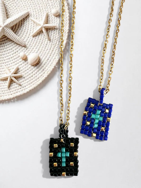 ⚡🚚 Beaded Mini-Bar Rectangle Necklace – Noir / Cobalt