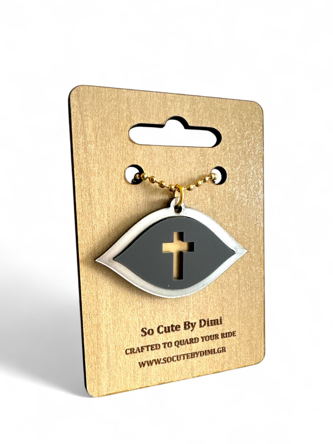 Μάτι γούρι αυτοκινήτου με ασημί καθρέφτη, σκούρο γκρι plexiglass και χρυσό σταυρό στο κέντρο, σε χρυσή αλυσίδα