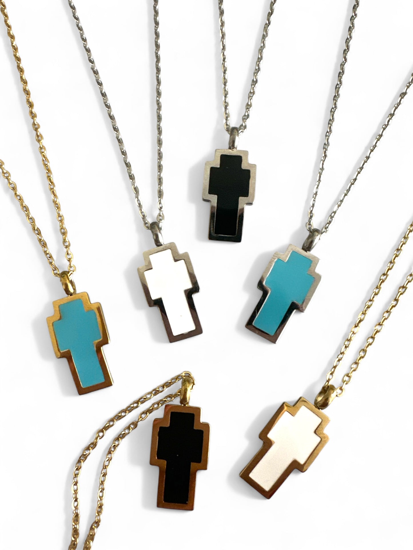 Pixel Cross Necklace – Ατσάλινο Κολιέ Γεωμετρικός Σταυρός με χρυσό & ασημί περίγραμμα – Χονδρική So Cute by Dimi