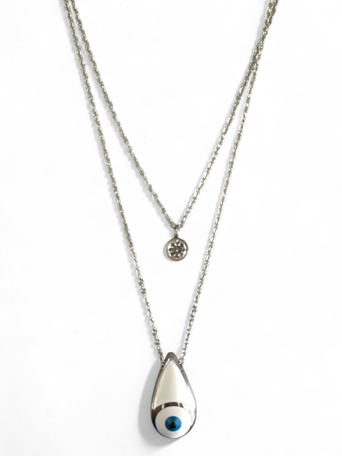 Διπλό ατσάλινο κολιέ σε  ασημί με μοτίφ μάτι σε σχήμα δάκρυ και στρας