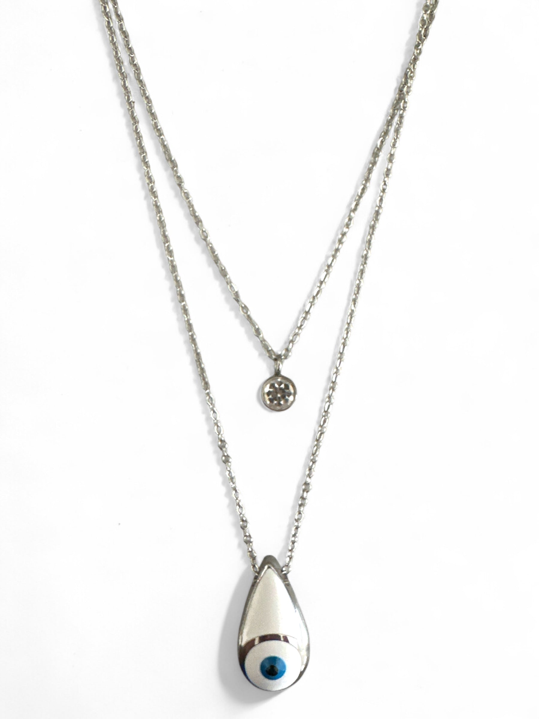 Διπλό ατσάλινο κολιέ σε  ασημί με μοτίφ μάτι σε σχήμα δάκρυ και στρας