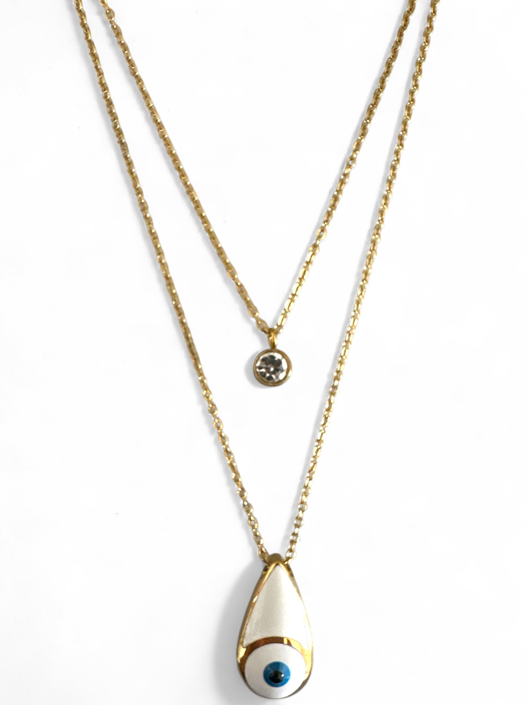 Διπλό ατσάλινο κολιέ σε χρυσό  με μοτίφ μάτι σε σχήμα δάκρυ και στρας