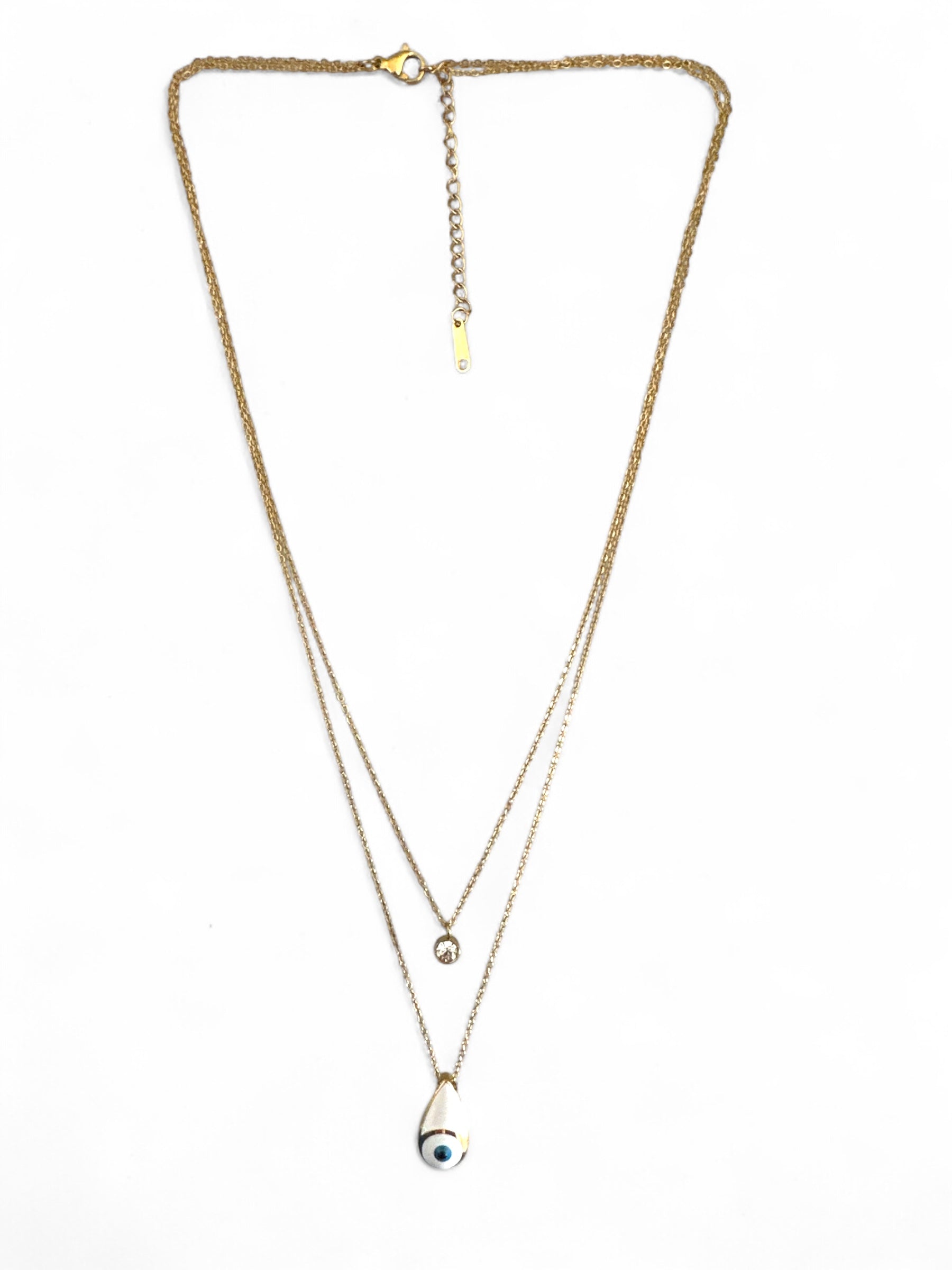 Διπλό ατσάλινο κολιέ σε χρυσό ί με μοτίφ μάτι σε σχήμα δάκρυ και στρας