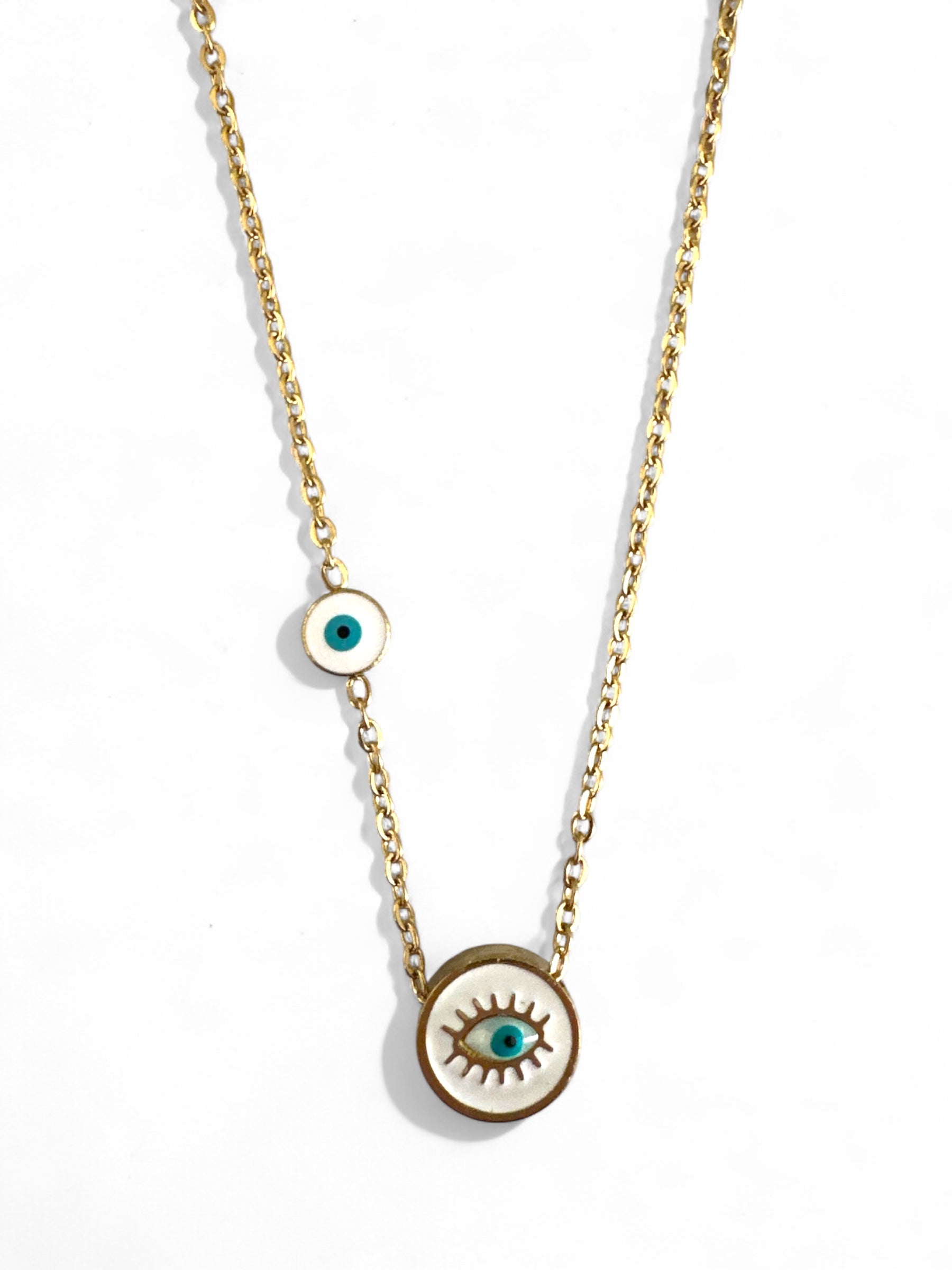Ατσάλινο χρυσό κολιέ με δύο στρογγυλά μοτίφ ματιού σε σμάλτο