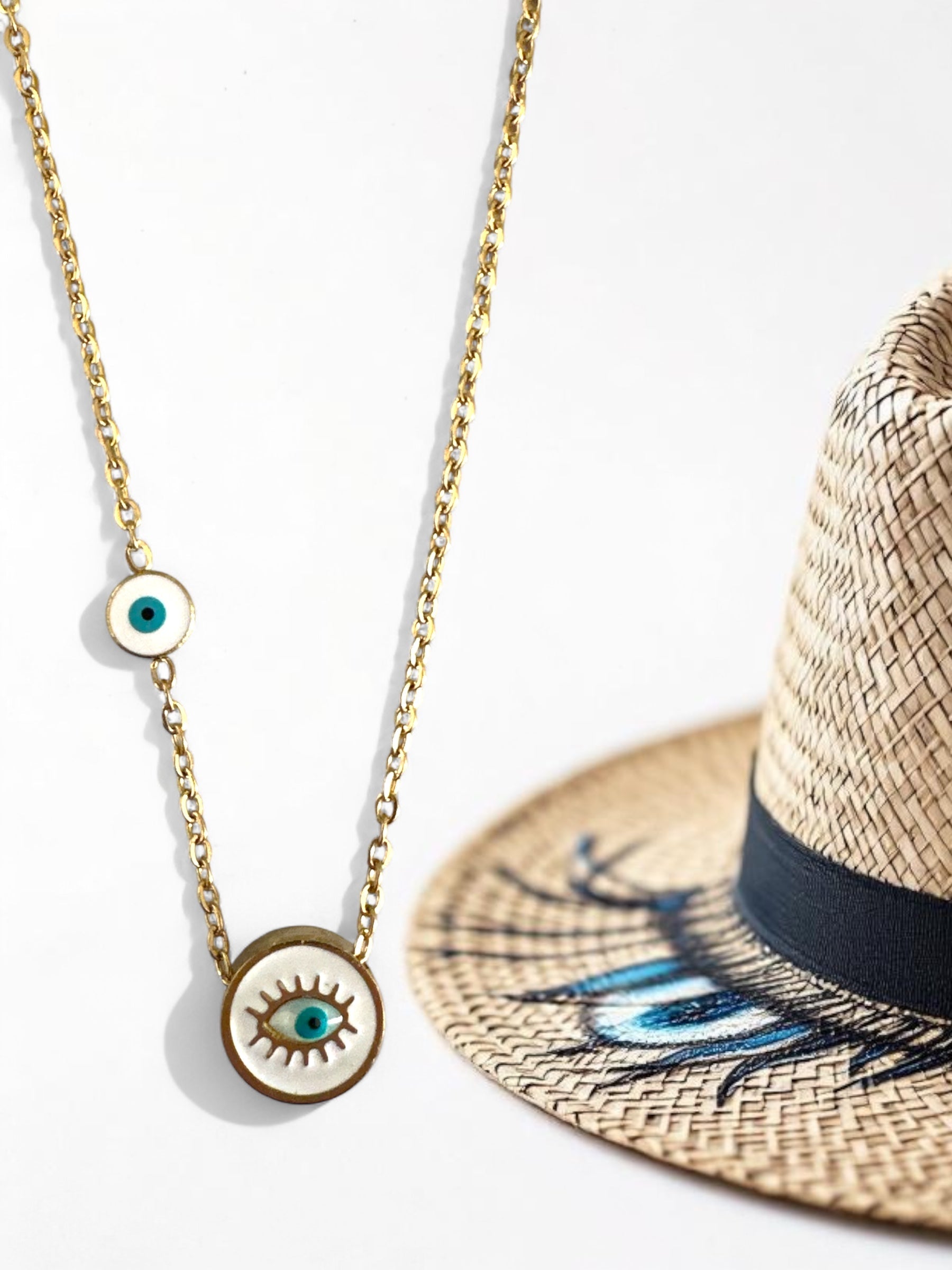 Ατσάλινο χρυσό κολιέ με δύο στρογγυλά μοτίφ ματιού σε σμάλτο