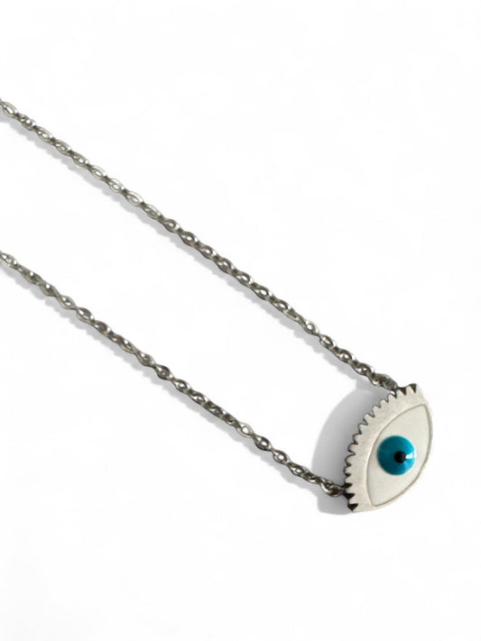 Ατσάλινο κολιέ με μάτι και βλεφαρίδες σε ασημί χρώμα