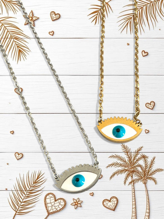 Ατσάλινο κολιέ με μάτι και βλεφαρίδες σε χρυσό και ασημί χρώμα