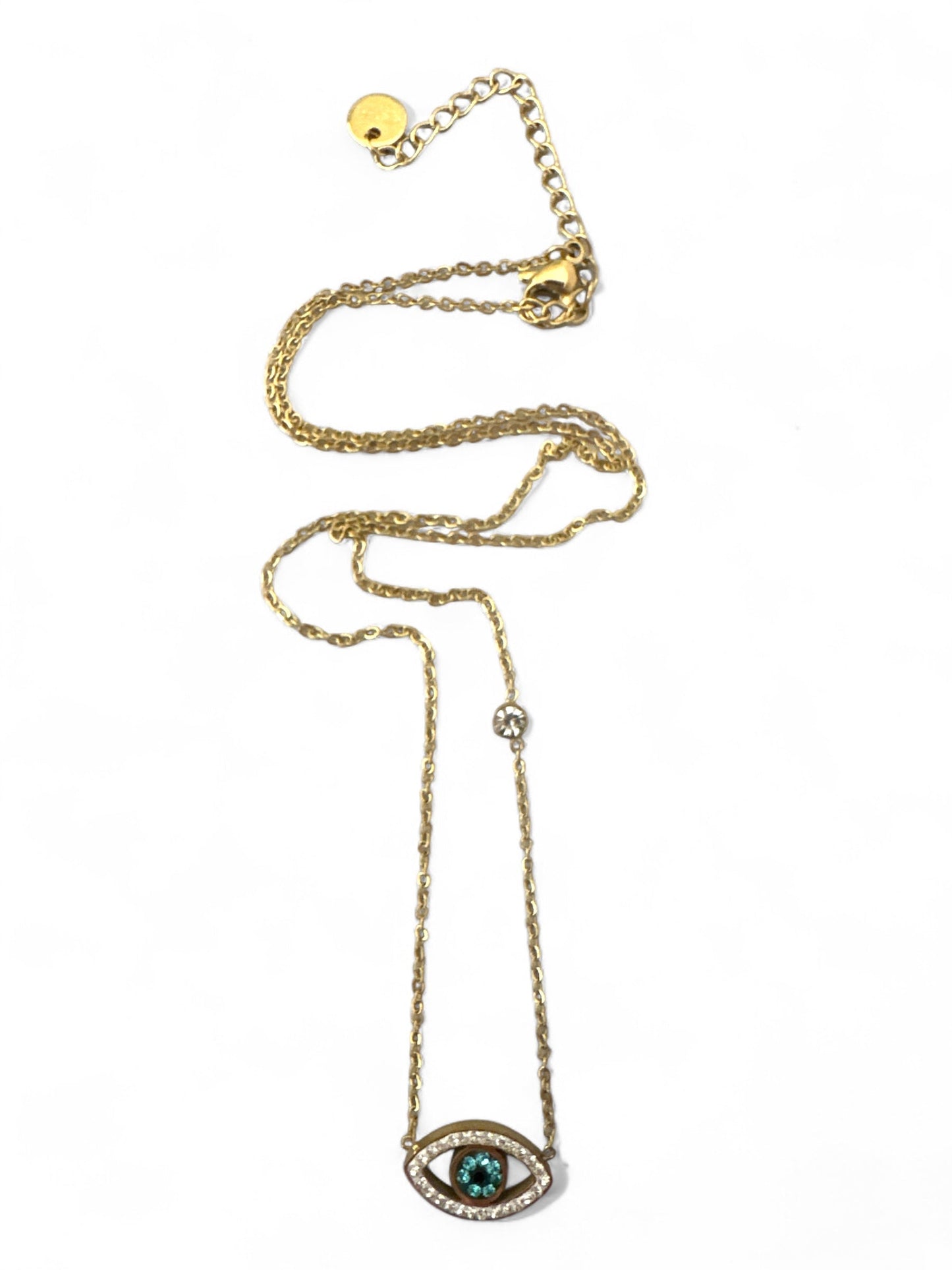Ατσάλινα κολιέ με σχέδιο ματιού σε χρυσό, διακοσμημένα με πράσινο κρύσταλλο και στρας