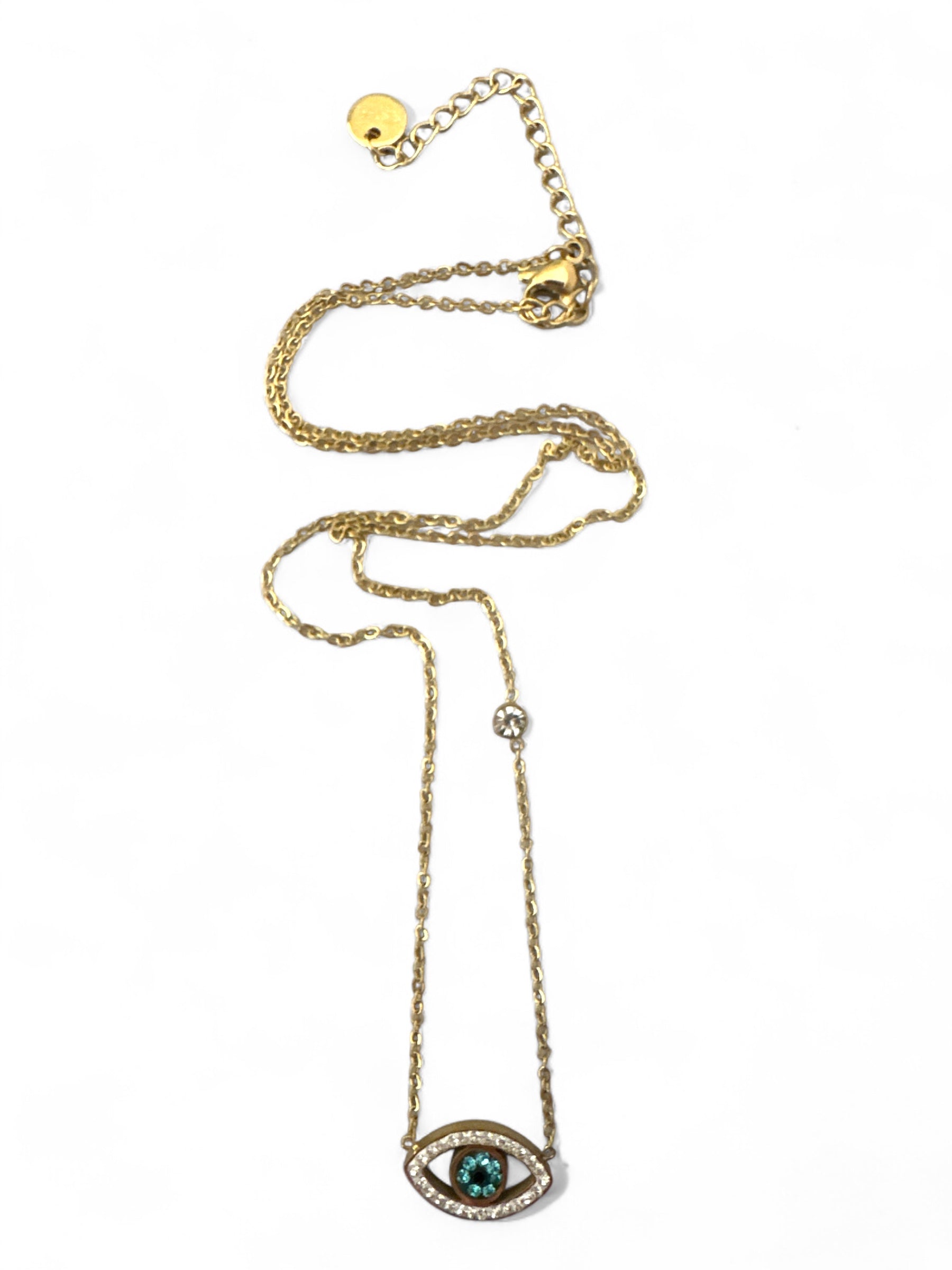 Ατσάλινα κολιέ με σχέδιο ματιού σε χρυσό, διακοσμημένα με πράσινο κρύσταλλο και στρας