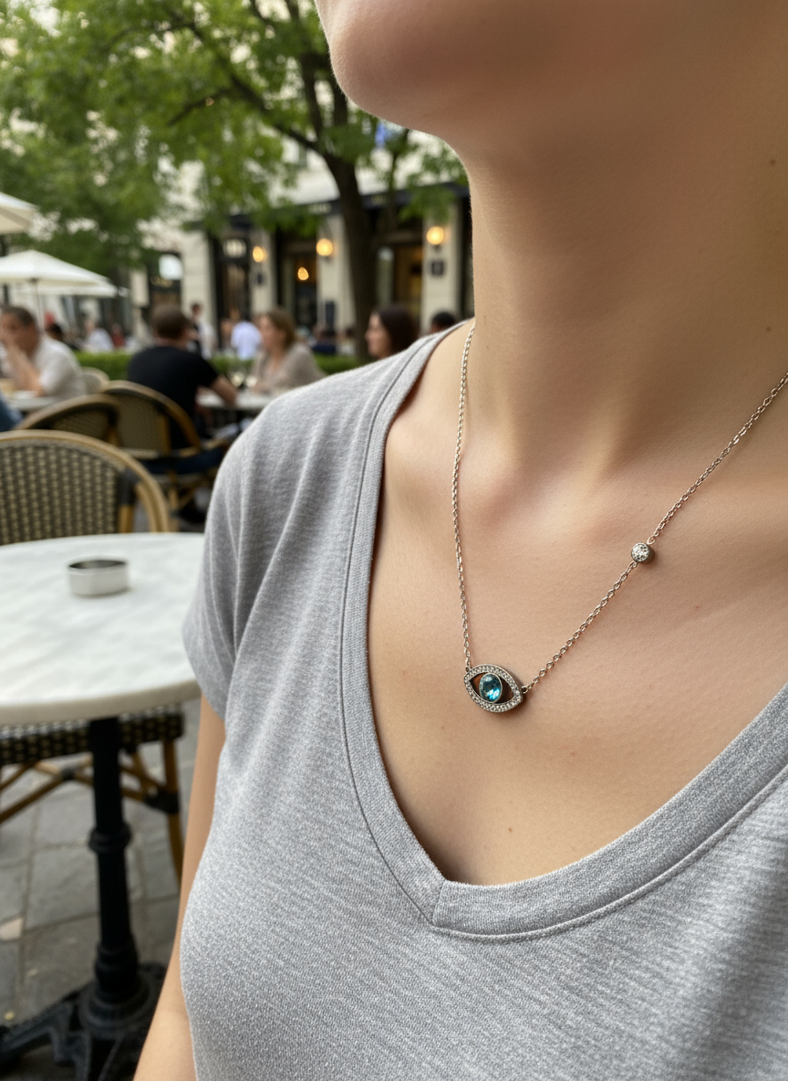 Ατσάλινα κολιέ με σχέδιο ματιού σε χρυσό και ασημί, διακοσμημένα με πράσινο κρύσταλλο και στρας