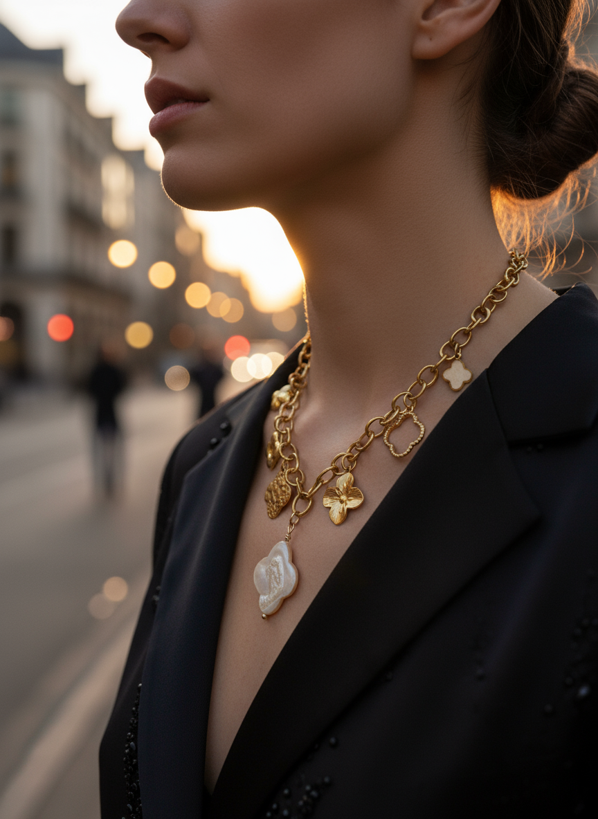 Ατσάλινο κολιέ με charms σταυρούς και πέρλα – Golden Saints Necklace – So Cute by Dimi