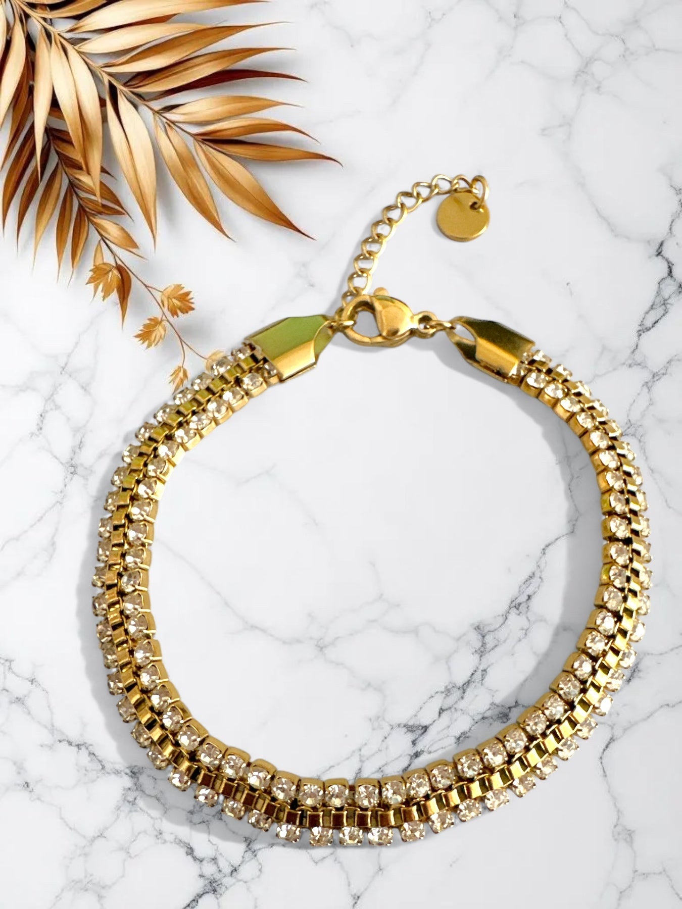 Χρυσό ατσάλινο βραχιόλι με διπλή σειρά από στρας και επέκταση αλυσίδας-So Cute by Dimi