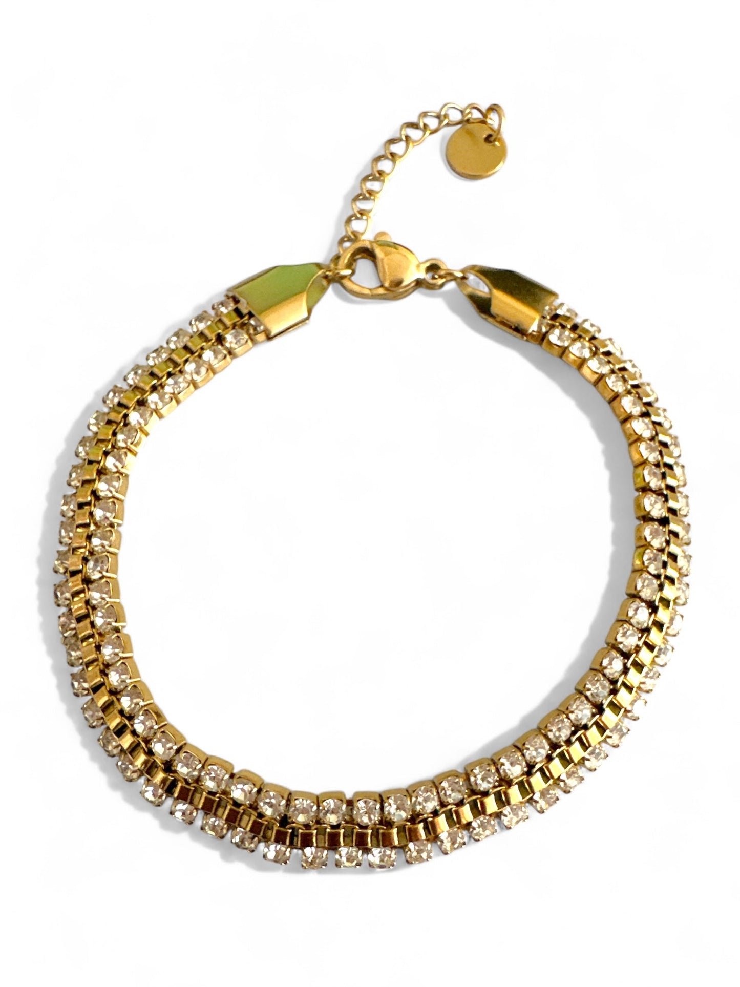 Χρυσό ατσάλινο βραχιόλι με διπλή σειρά από στρας και επέκταση αλυσίδας-So Cute by Dimi