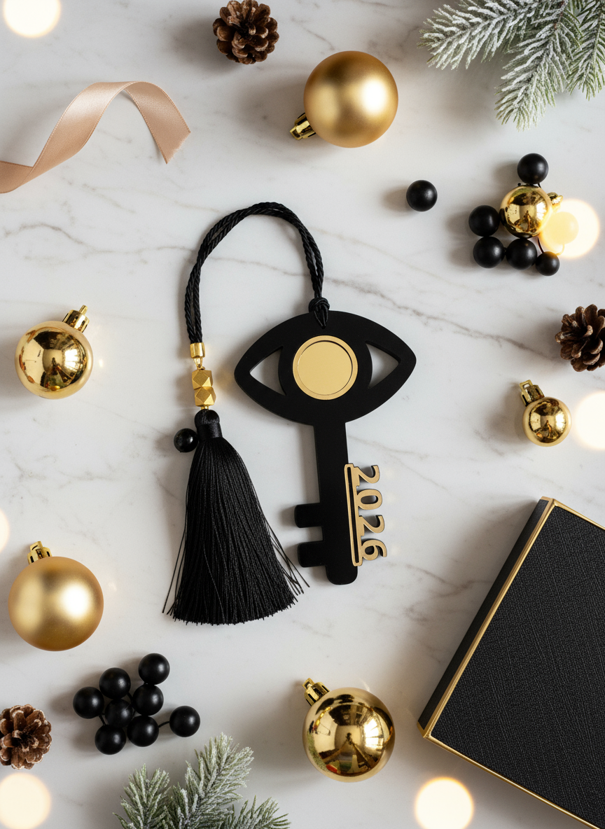 Χονδρικό γούρι 2026 Κλειδί με Μάτι Plexiglass ματ & χρυσός καθρέφτης με κορδόνι, χάντρες & φούντα – Symbolic Luxe από So Cute by Dimi