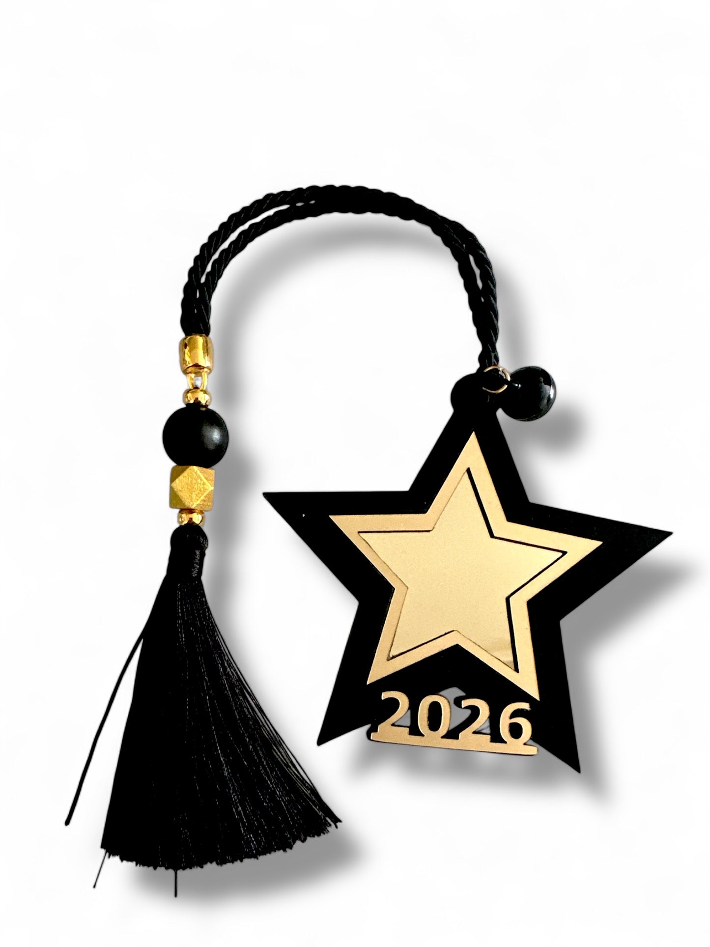 Χονδρικό γούρι αστέρι 2026 σε μαύρο–χρυσό plexiglass με φούντα – Συλλογή Symbolic Luxe – So Cute by Dimi