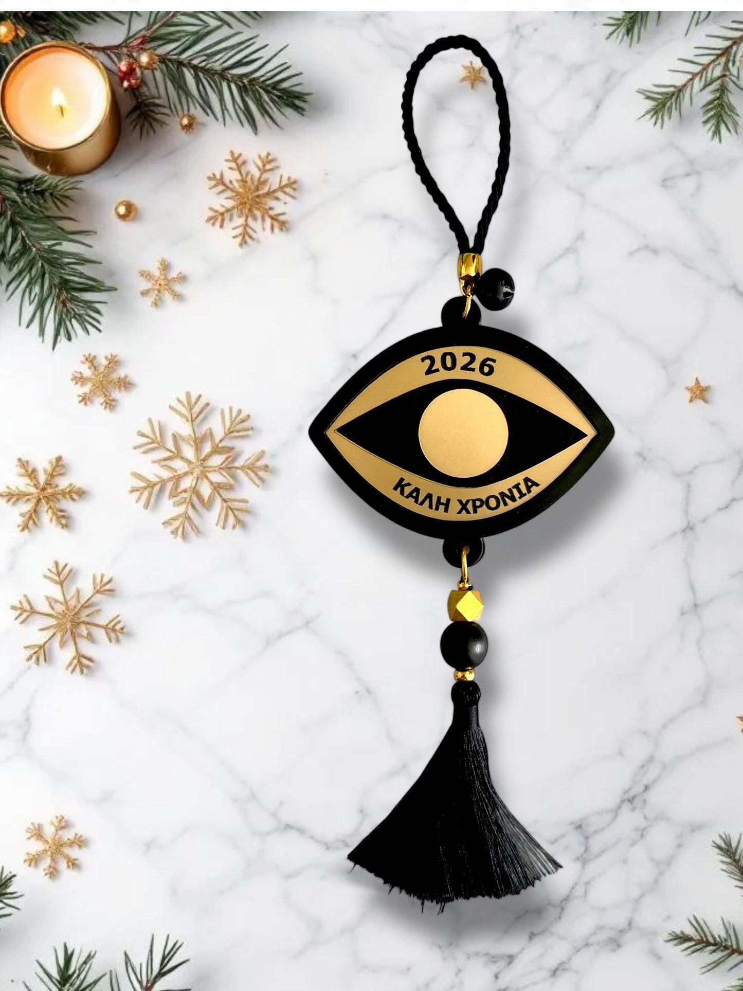 Γούρι μάτι 2026 από plexiglass μαύρο & χρυσό με φούντα – Συλλογή Symbolic Luxe – Χονδρική So Cute by Dimi