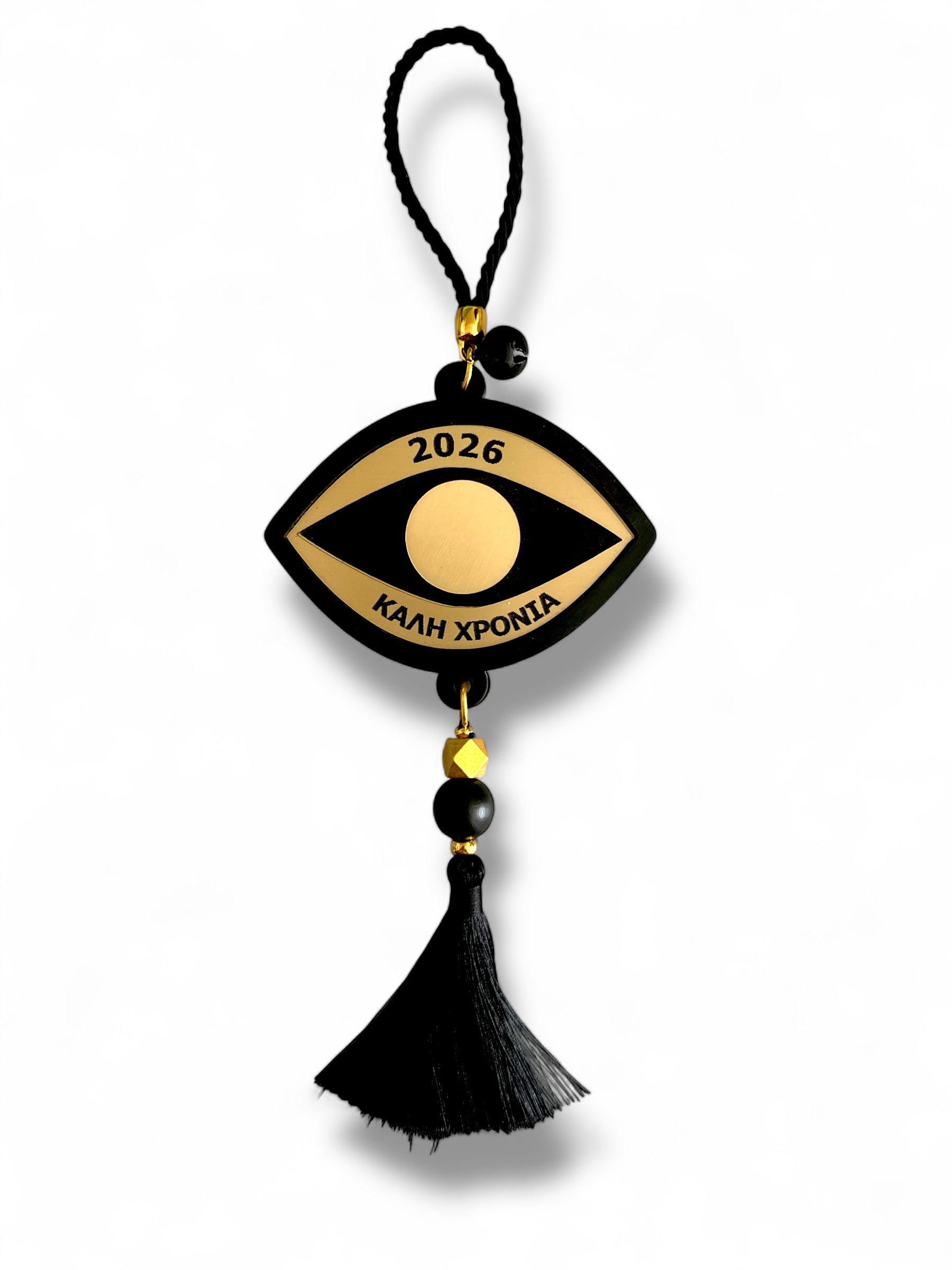Γούρι μάτι 2026 από plexiglass μαύρο & χρυσό με φούντα – Συλλογή Symbolic Luxe – Χονδρική So Cute by Dimi