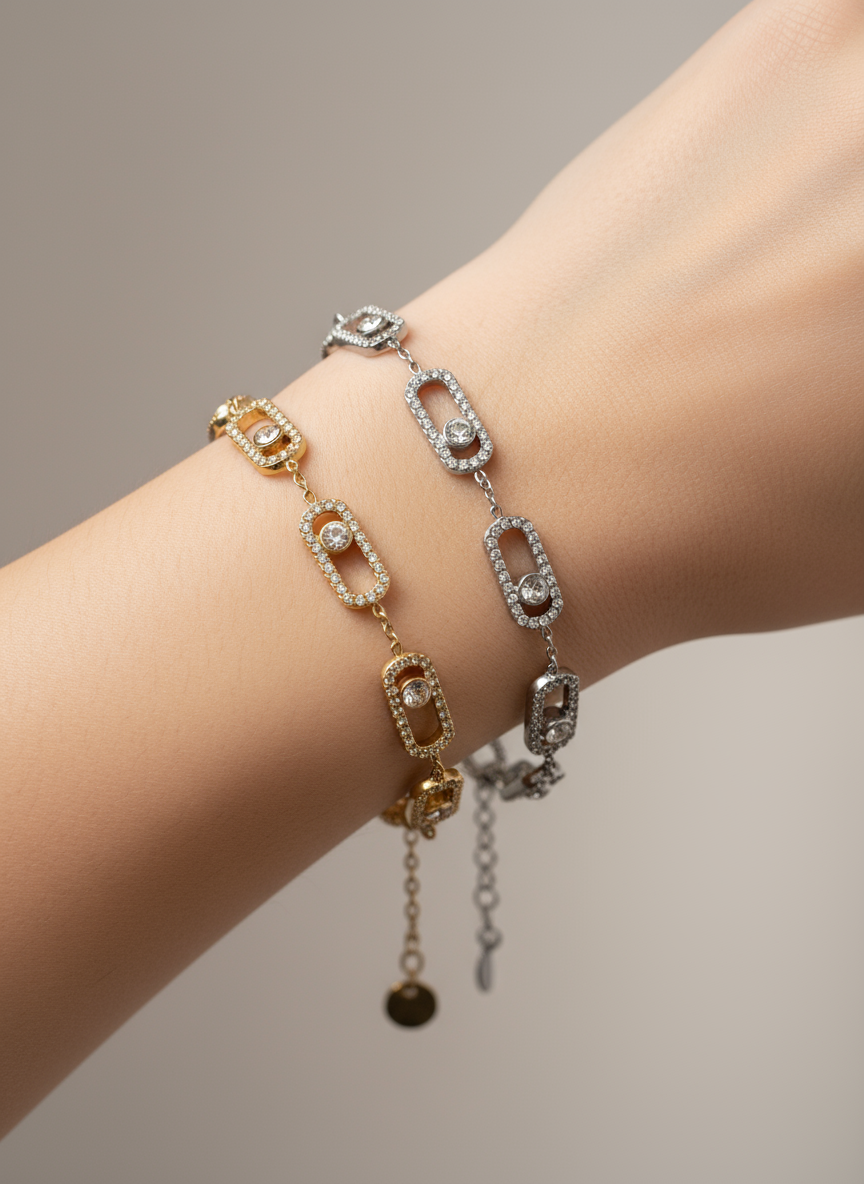 Ατσάλινο βραχιόλι με pavé ζιργκόν και ορθογώνιους κρίκους – So Cute by Dimi χονδρική