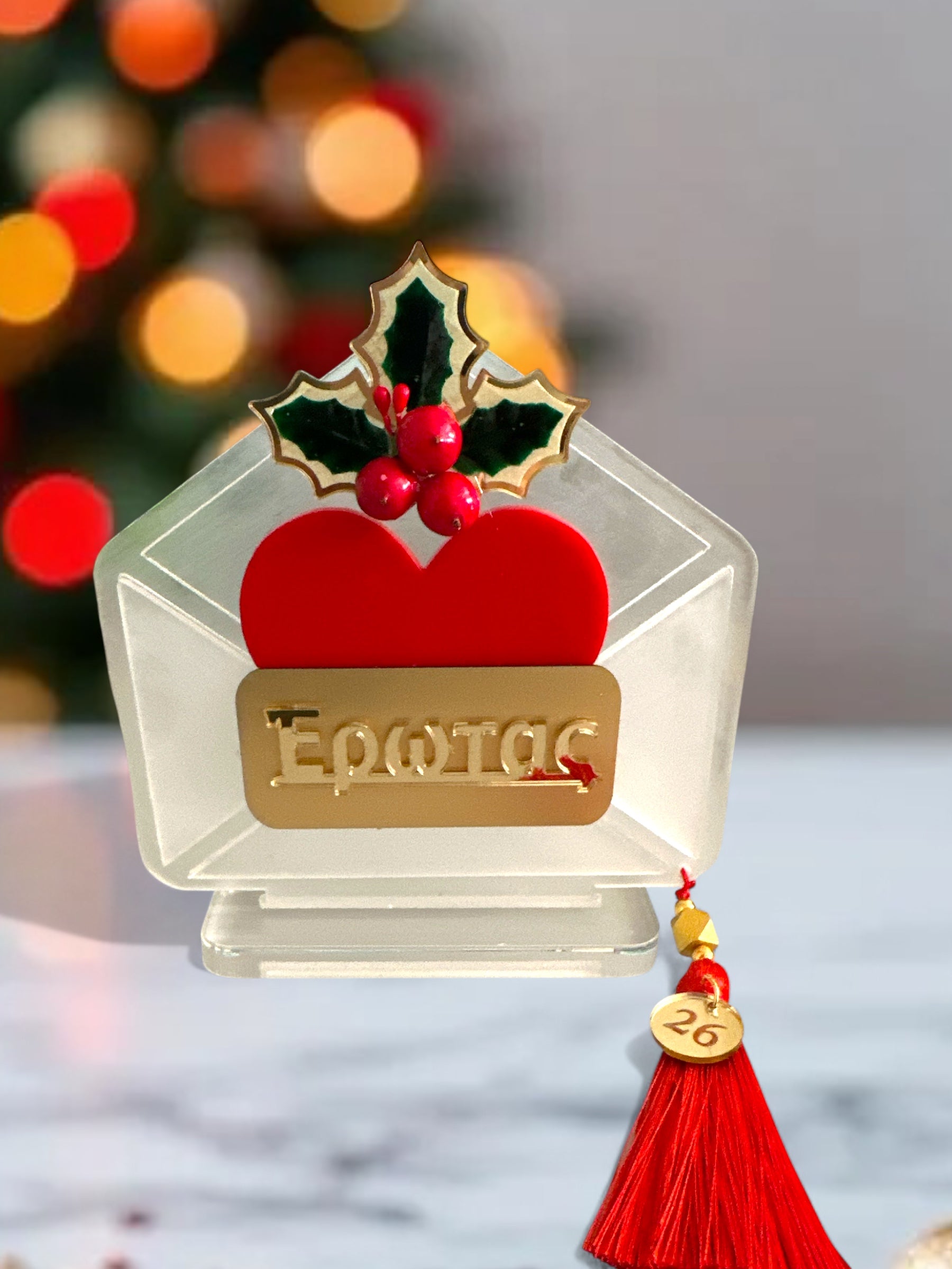 Χειροποίητο γούρι Έρωτας από plexiglass με καρδιά, γκι & φούντα – Χονδρική So Cute by Dimi