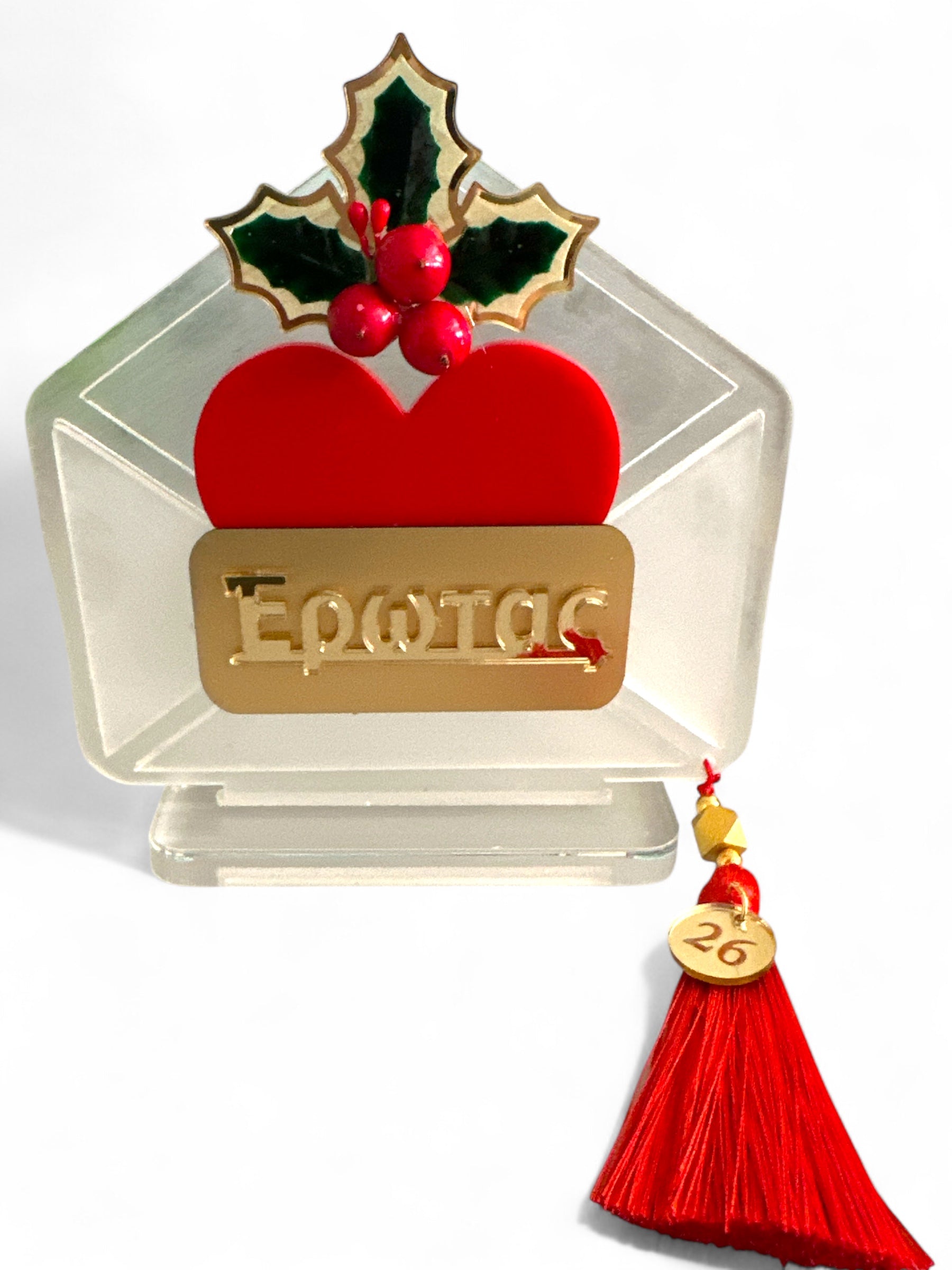 Χειροποίητο γούρι Έρωτας από plexiglass με καρδιά, γκι & φούντα – Χονδρική So Cute by Dimi