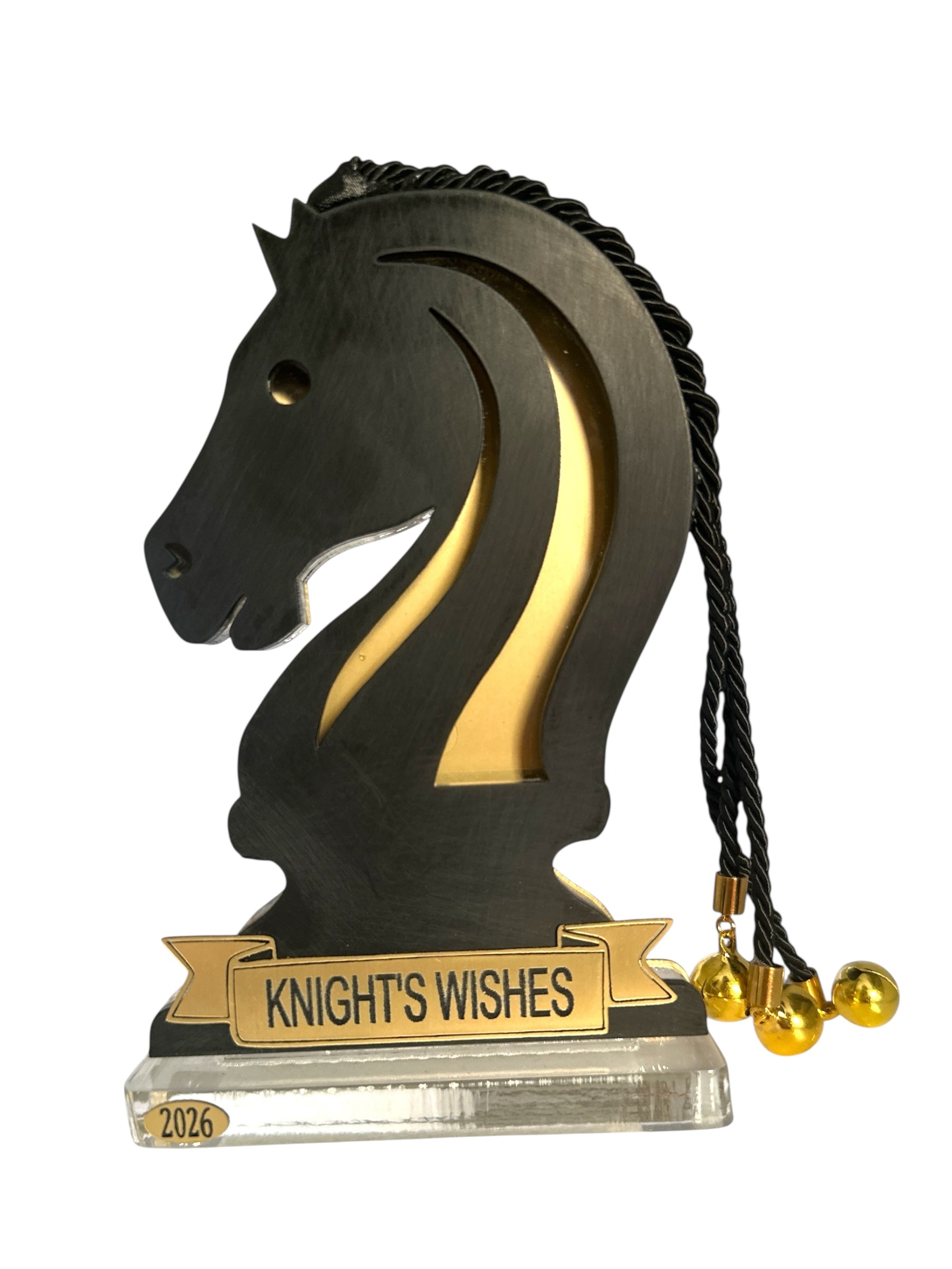 Χονδρικό επιτραπέζιο γούρι 2026 Knight Horse Chess Bold με κορδόνι χαίτη & κουδουνάκια – Knight’s Wishes So Cute by DImi