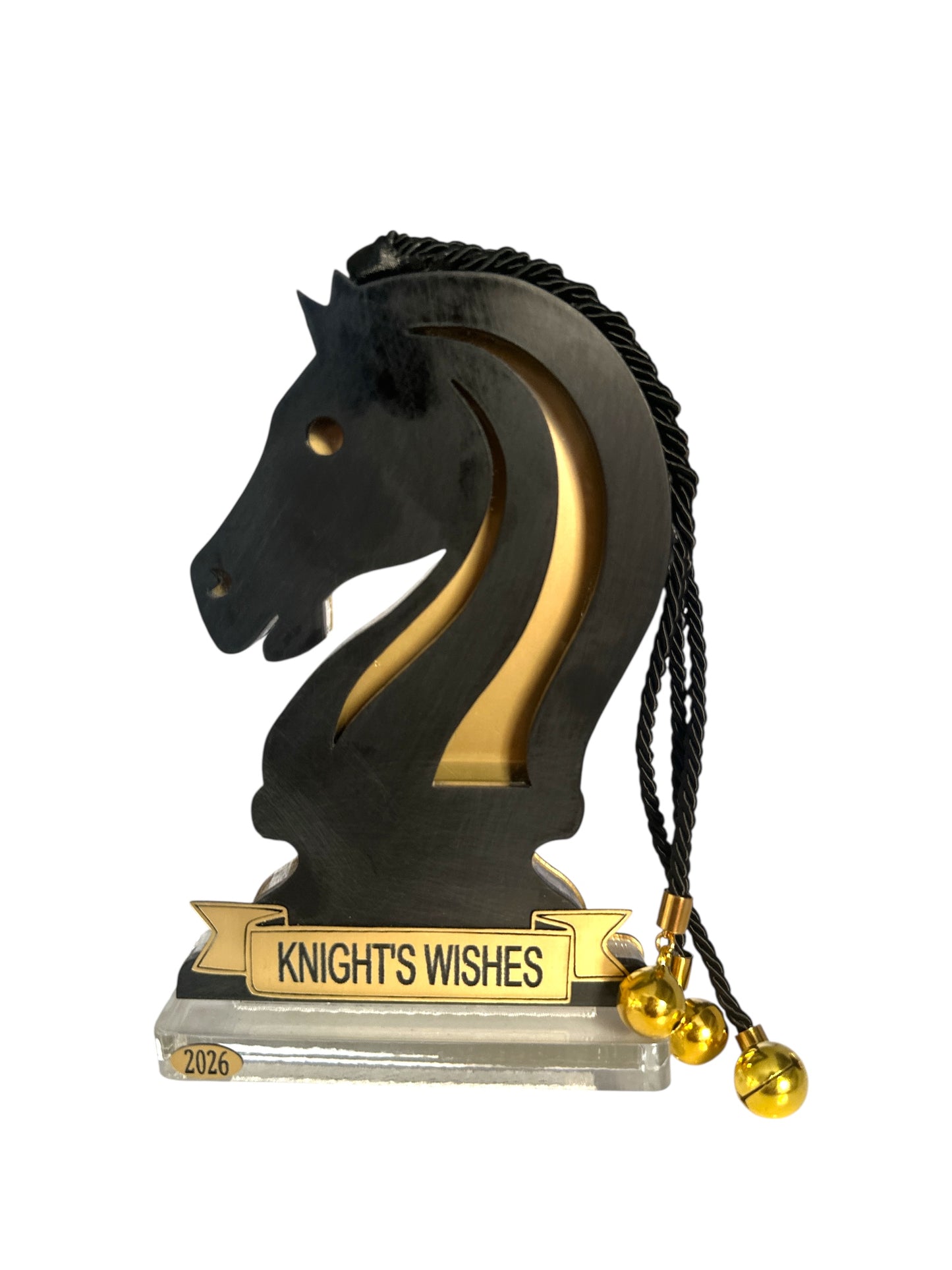 Χονδρικό επιτραπέζιο γούρι 2026 Knight Horse Chess Bold με κορδόνι χαίτη & κουδουνάκια – Knight’s Wishes So Cute by DImi