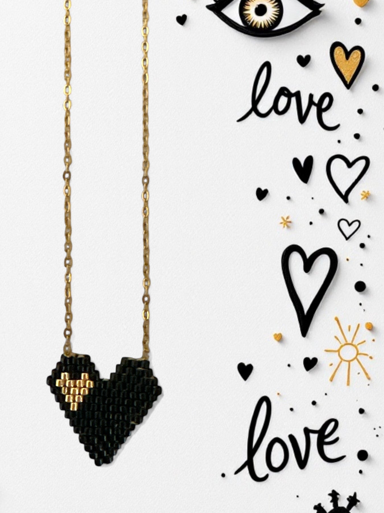 Black & Gold Heart ατσάλινο κολιέ Miyuki με μαύρη καρδιά και χρυσή λεπτομέρεια – Χονδρική So Cute by Dimi