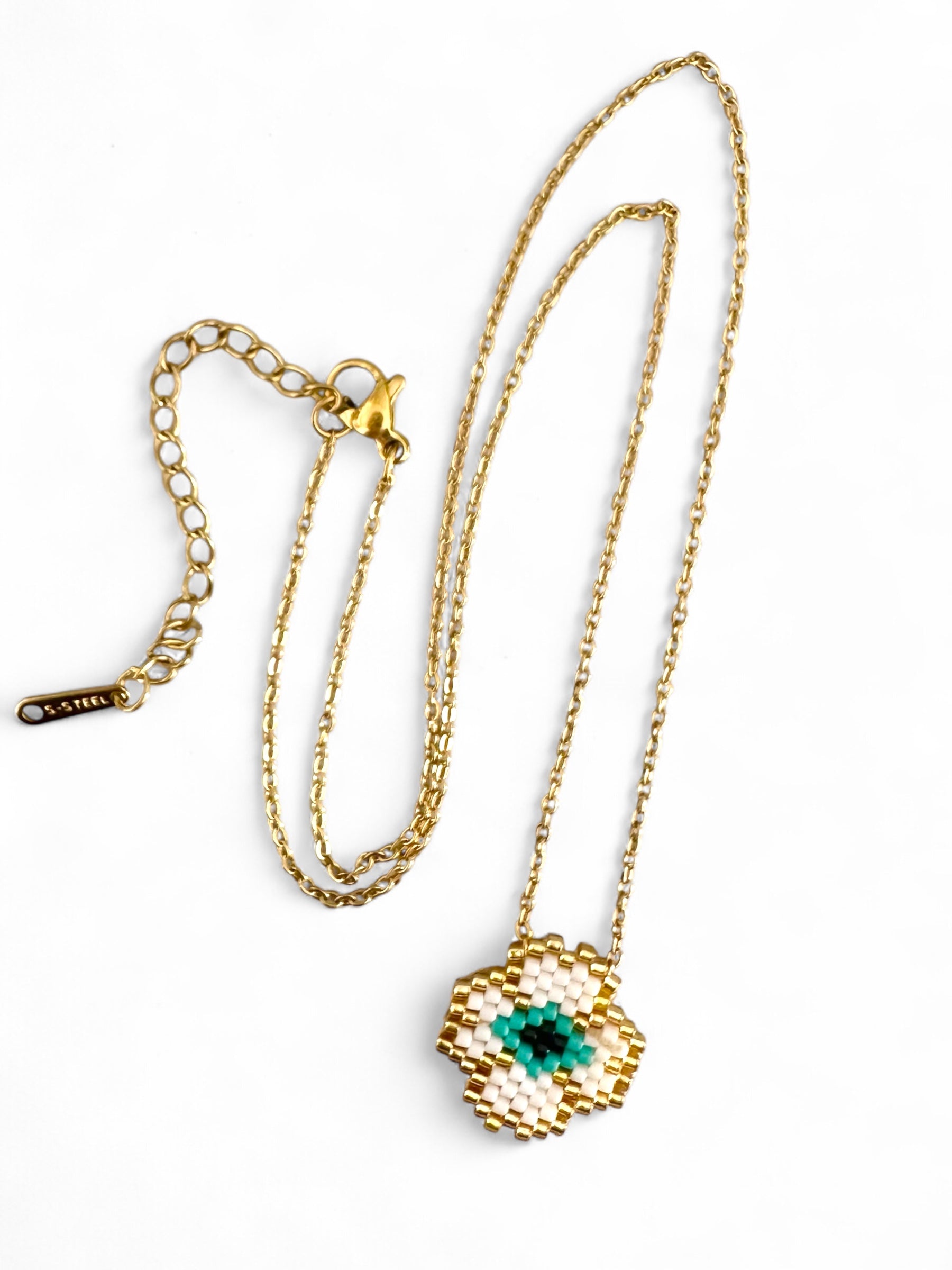 Lucky Clover Eye ατσάλινο κολιέ με τετράφυλλο τριφύλλι και μάτι από χάντρες Miyuki – Χονδρική So Cute by Dimi