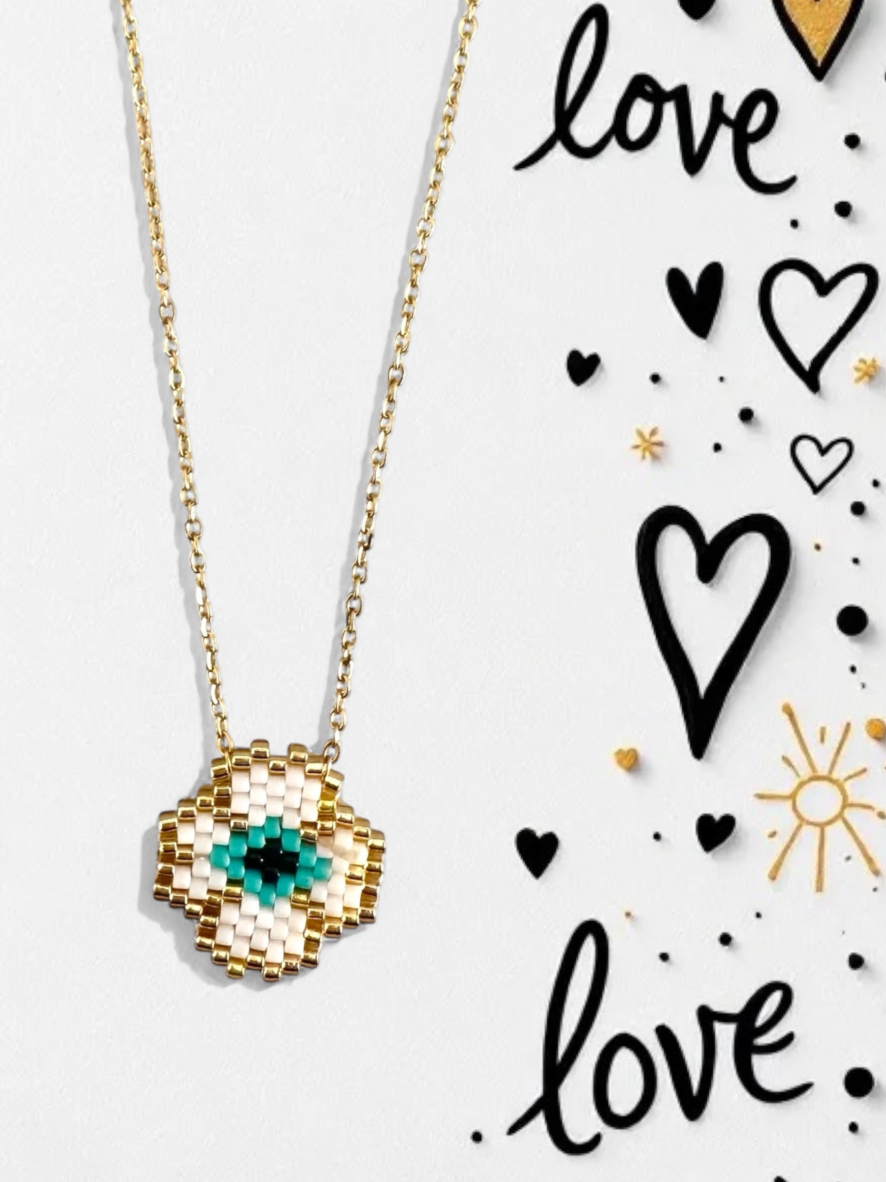 Lucky Clover Eye ατσάλινο κολιέ με τετράφυλλο τριφύλλι και μάτι από χάντρες Miyuki – Χονδρική So Cute by Dimi